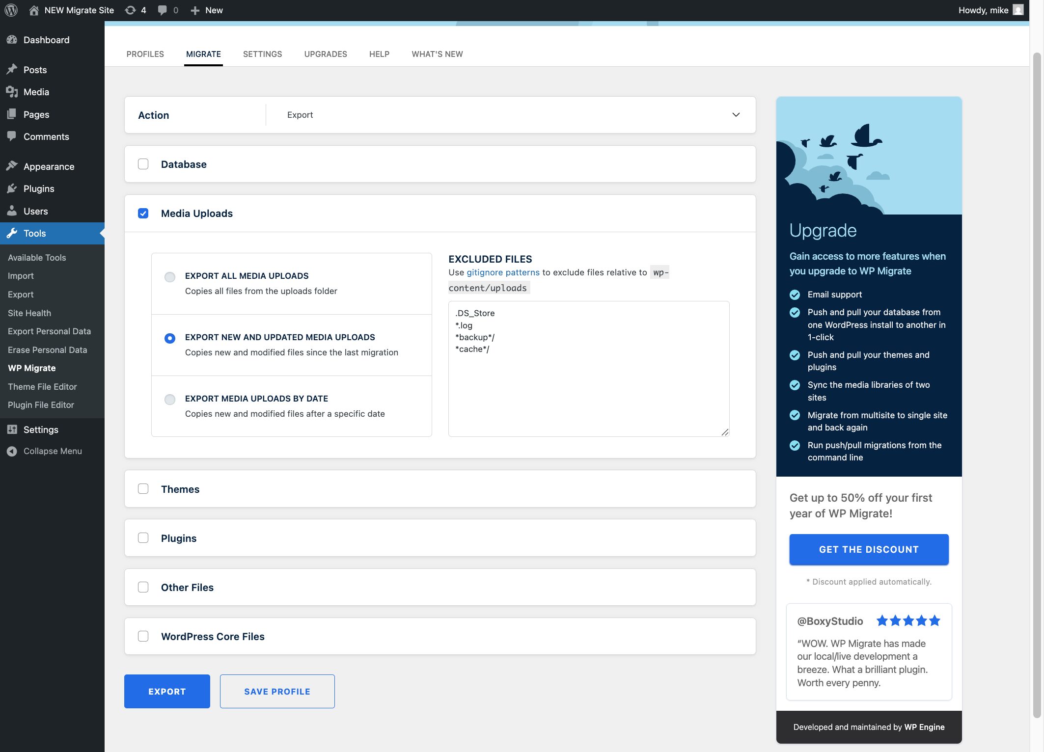 Configuring media exports in WP Migrate Lite. 