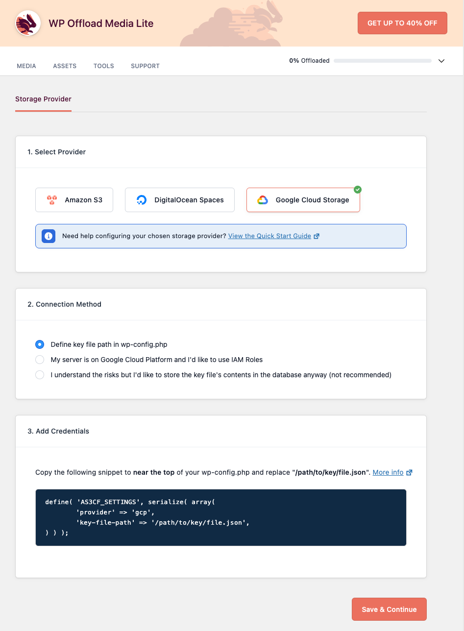 The first stage of setting up WP Offload Media in the WordPress admin. 