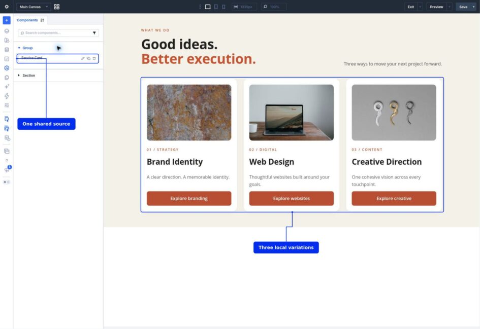 Three service-card Component instances sharing one design with different images, headings, descriptions, and buttons in Divi 5